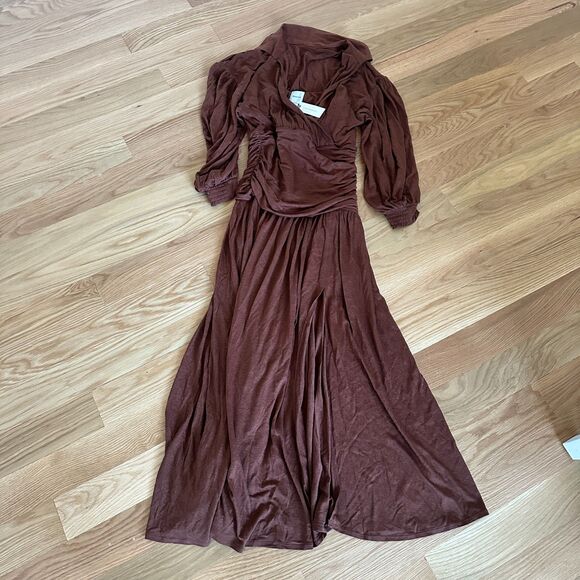 MAEVE V-NECK WOOL BLEND RUCHED MIDI DRESS S New Brown Anthropologie - Picture 2 of 5